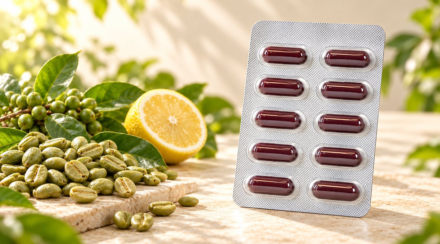 綠咖啡檸檬萃取膠囊｜依現有產品素材生成的情境示意