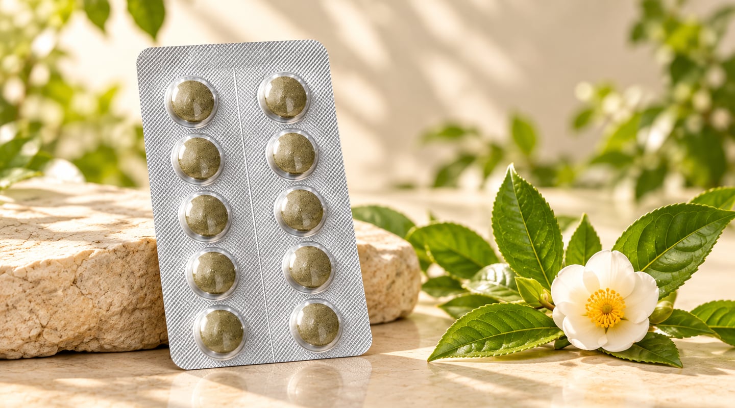 綠茶茶花酵素錠｜依現有產品素材生成的情境示意